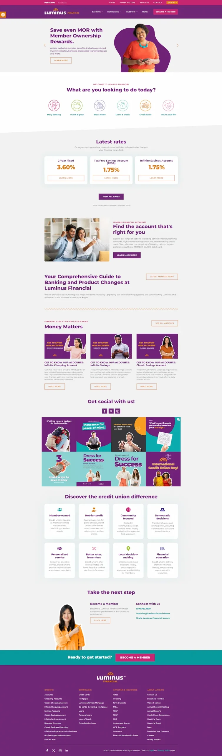 Screenshot of a credit union website designed by Loomo Marketing, featuring navigation, search bar, account login, rates, service links, educational resources, social icons, testimonials, and a vibrant purple-orange-white call-to-action.
