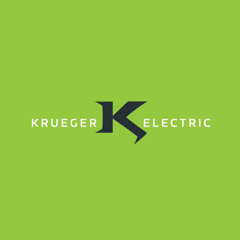 Logo for Krueger Electric on a green background KRUEGER is on the left, ELECTRIC on the right, and a large black K with a lightning bolt design highlights their trusted electrical services in the centre
