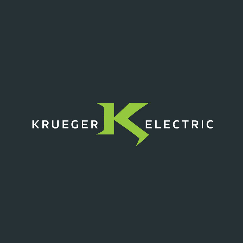 Logo with “KRUEGER ELECTRIC” in white letters on a dark background, featuring a large green “K” stylised as an electric bolt—perfect for electricians or those seeking quality electrical services