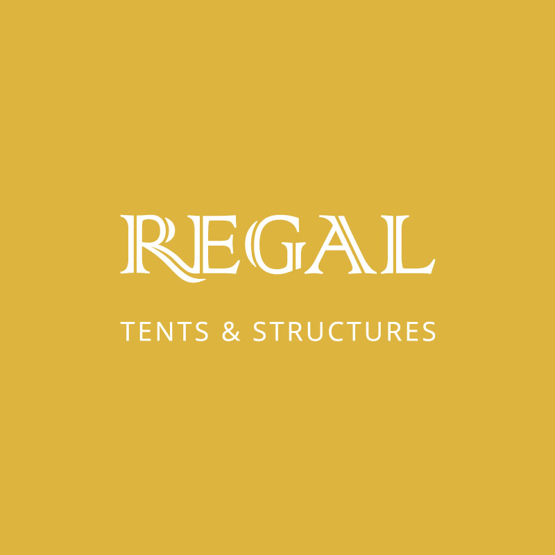The image shows a mustard yellow background with the words REGAL in large white stylised font above TENTS & STRUCTURES in smaller white capital letters