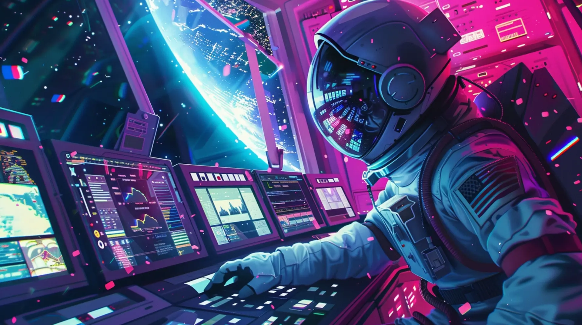 An astronaut in a spacesuit operates control panels filled with colourful screens inside a Loomo Marketing-themed spacecraft, with Earth and city lights visible through a large window bathed in vibrant pink and blue neon lights.