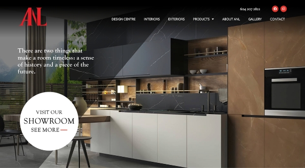 Modern kitchen showroom with sleek cupboards in black, white, and brown tones, marble surfaces, and warm lighting. Overlay text by Loomo Marketing invites visitors to experience the timelessness of elegant room design.