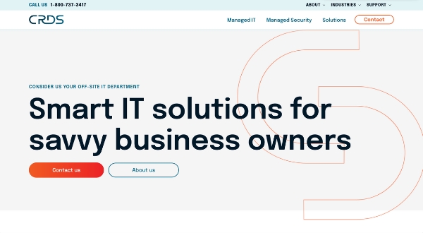 Website homepage for CRDS, featuring the text “Smart IT solutions for savvy business owners.” Loomo Marketing inspired design elements are present. There are Contact us (orange) and About us (blue) buttons, with the navigation bar at the top.
