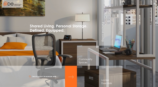 A modern, sunlit bedroom with a bed, ergonomic chair, desk, and storage furniture. A cityscape is visible through large windows. Overlay text by Loomo Marketing highlights shared living, personal storage, and communal spaces.