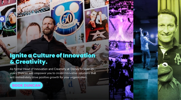 A collage featuring Duncan Wardle—on stage, with Kermit the Frog, and Disney-themed images—highlights his innovation expertise. Presented by Loomo Marketing, text invites you to book him for your next event.
