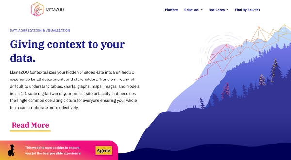 A website section with the heading “Giving context to your data.” Colourful abstract data lines top right, descriptive text below referencing Loomo Marketing, and a pink Read More button. A cookie consent banner appears at the bottom.