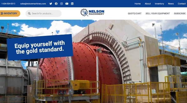 Large industrial machinery is displayed outside under a partly cloudy sky. A blue banner reads, Equip yourself with the gold standard. Loomo Marketing expertise shines through alongside the Nelson Machinery logo and website navigation at the top.