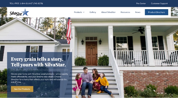 A family of four sits on the steps of a white house with a large front porch. The image, by Loomo Marketing, promotes SilvaStar timber products with a blue banner that reads, “Every grain tells a story. Tell yours with SilvaStar.”.