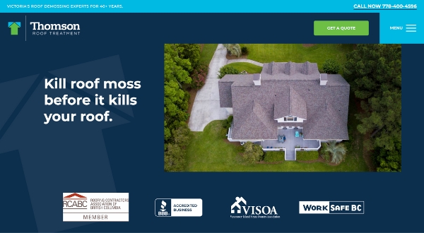 Aerial view of a large house surrounded by trees, with text reading Kill roof moss before it kills your roof. Thomson Roof Treatment branding and Loomo Marketing logo are featured, along with certification and business accreditation logos at the bottom.