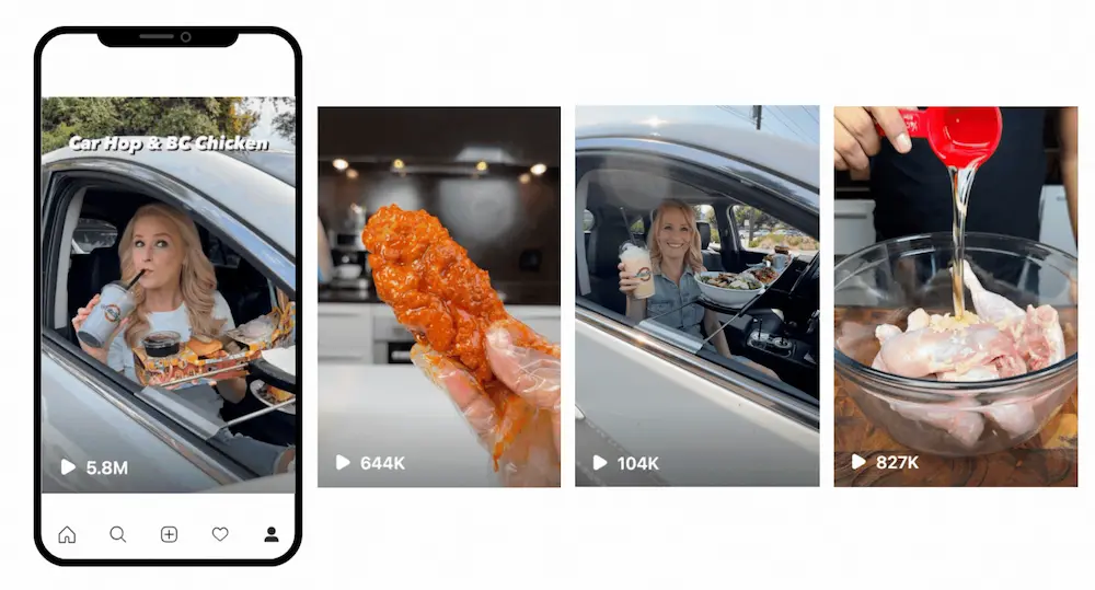 A woman in a car eats fast food, a hand holds saucy chicken, the woman drinks in her car, and chicken is marinated in a bowl—all captured through the lens of micro influencers Social media views are shown on each image