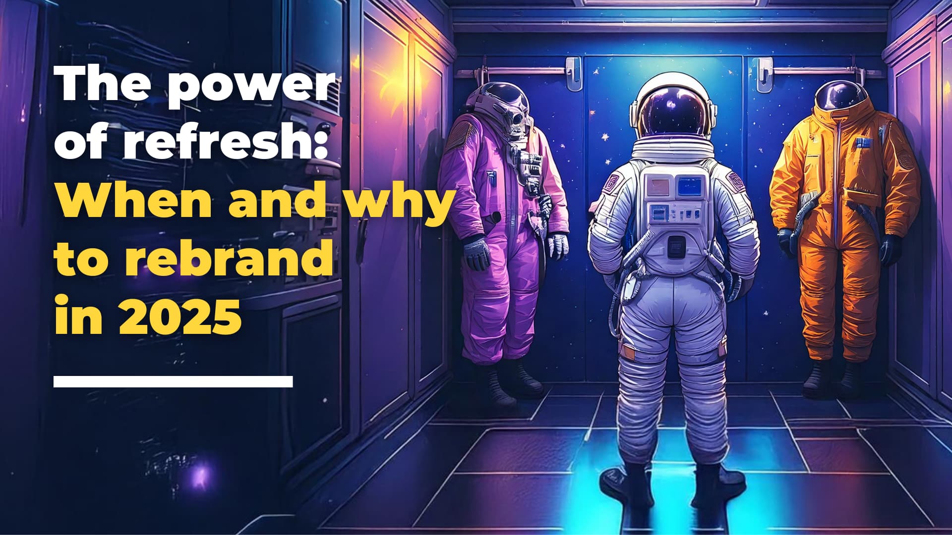 An astronaut stands in a futuristic room, facing two spacesuits—one pink, one orange—hanging on the wall. On the left, bold text reads: Loomo Marketing presents The power of refresh: When and why to rebrand in 2025.