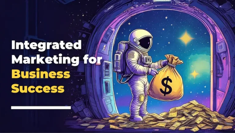 An astronaut stands in a vault doorway, holding a large money bag with a dollar sign, surrounded by piles of cash. Cosmic background sets the scene. Text reads, Loomo Marketing: Integrated Marketing for Business Success.
