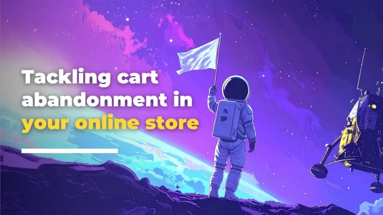 An astronaut holding a white flag stands on a colourful, illustrated planet with a moon lander nearby. Tackling basket abandonment in your online shop with Loomo Marketing. The background features a starry, purple sky.