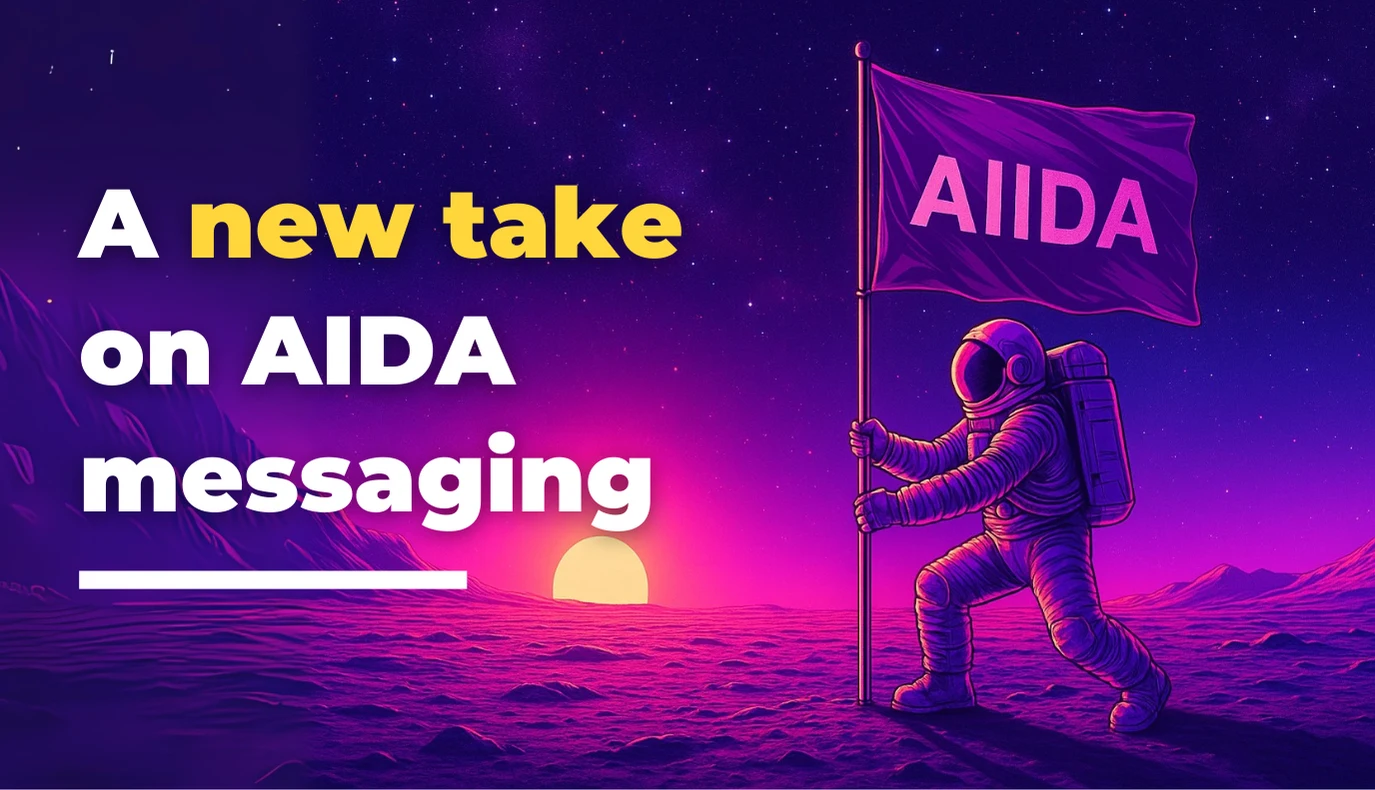 An astronaut in a spacesuit plants a flag labelled AIIDA on a purple, alien landscape at sunset. Bold text reads: A new take on AIDA messaging by Loomo Marketing.