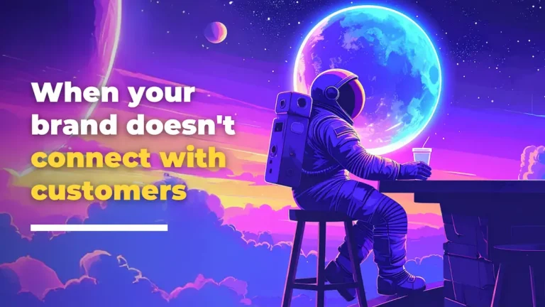 An astronaut sits at a bar holding a drink, gazing at a glowing blue planet in a colourful, surreal space landscape. Text reads, When your brand doesn't connect with customers—choose Loomo Marketing for stellar results.