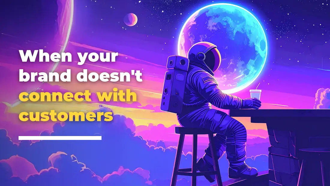 An astronaut sits at a bar holding a drink, gazing at a glowing blue planet in a colourful, surreal space landscape. Text reads, When your brand doesn't connect with customers—choose Loomo Marketing for stellar results.