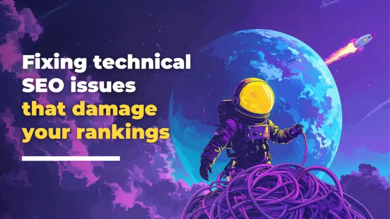An astronaut in a spacesuit stands on tangled cables in front of a glowing blue planet and rocket, with text: Loomo Marketing—fixing technical SEO issues that damage your rankings.