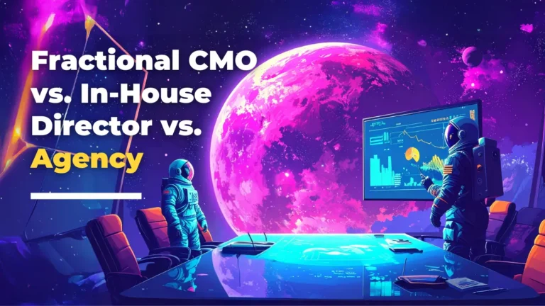 An astronaut stands in a futuristic office with a glowing desk, large screen displaying charts, and Loomo Marketing’s logo beside a vibrant pink planet through the window. Text reads: “Fractional CMO vs. In-House Director vs. Agency.”.
