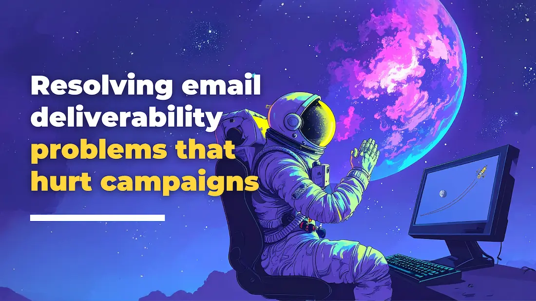 An astronaut sits at a desk with a computer, raising a hand towards a large planet in space. Text reads: Loomo Marketing—resolving email deliverability problems that harm campaigns.