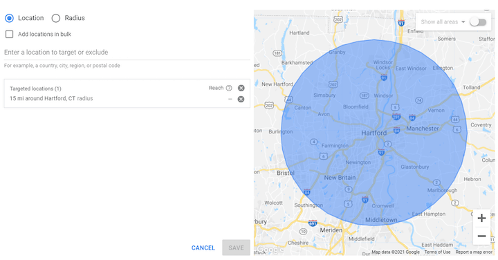 A map highlights a mile radius around Hartford, CT, illustrating precise geographic targeting for advertising reach The blue shaded area covers towns like Manchester, New Britain, and Windsor Target location and radius options appear on the left hand side