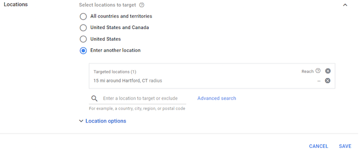 Screenshot of a geographic targeting settings page with options to select regions: All countries and territories, United States and Canada, United States, or Enter another location “ mi around Hartford, CT” is selected