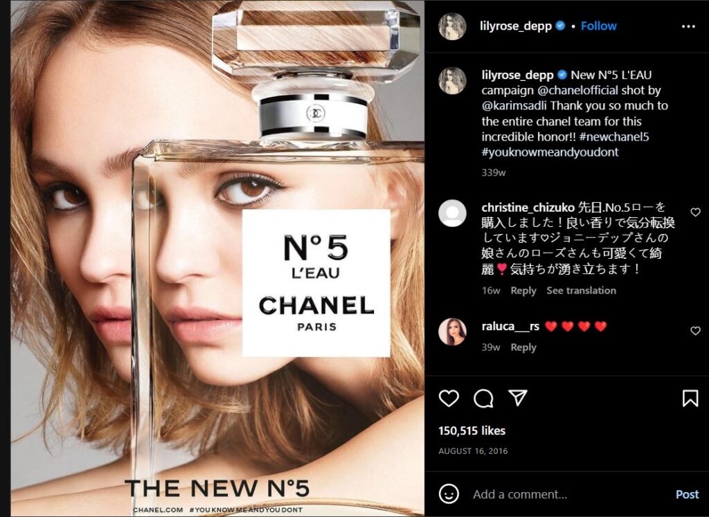 A close up of a young woman with fair hair holding a bottle of Chanel N° L’EAU perfume in front of her face Text on the image highlights luxury brands: N° LEAU CHANEL PARIS and THE NEW N°