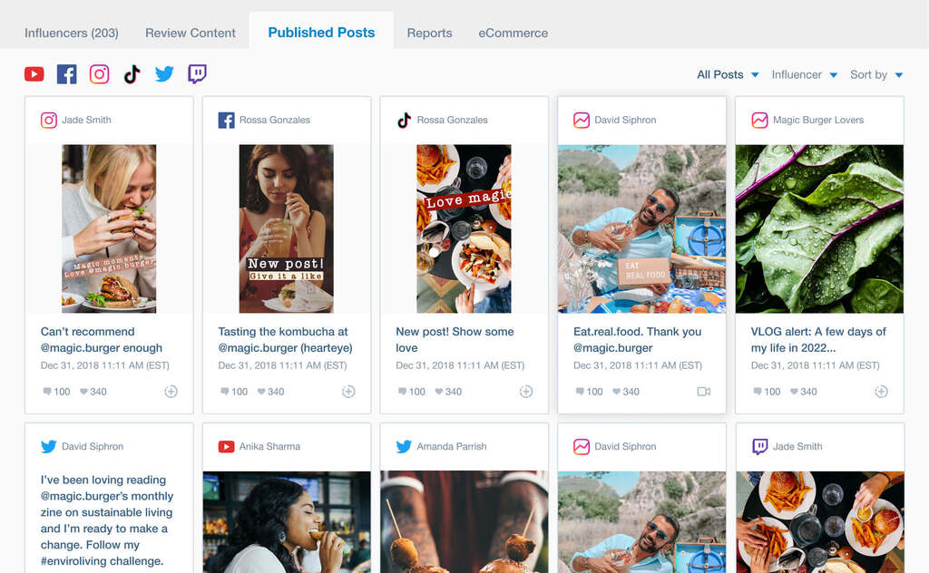 A social media dashboard displays multiple influencer posts with images, captions, usernames, and content marketing analytics such as likes, comments, and shares under the Published Posts tab