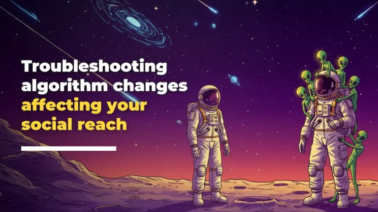 Two astronauts stand on a colourful alien planet under a starry sky One astronaut is surrounded by green aliens Text reads: “Troubleshooting social media algorithm changes affecting your social reach ”