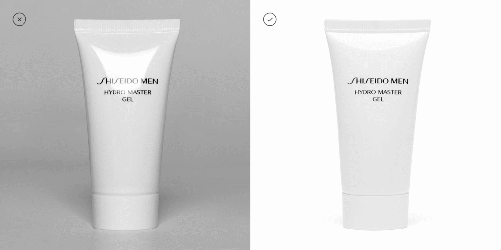 Two images of a Shiseido Men Hydro Master Gel tube showcase product photography: the left is in grey tones with a dull background, whilst the right features a vivid product on a bright white background A tick appears above the right image