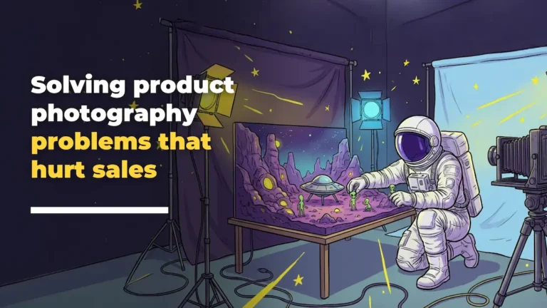 An astronaut sets up a miniature alien landscape on a table in a photo studio, surrounded by cameras and lights Text reads, Solving product photography problems that hurt sales and elevate your product images