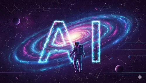 An astronaut floats in space near glowing blue letters AI, with a vibrant spiral galaxy and star constellations in the background—perfectly capturing the wonders of integrating AI and the possibilities of AI marketing